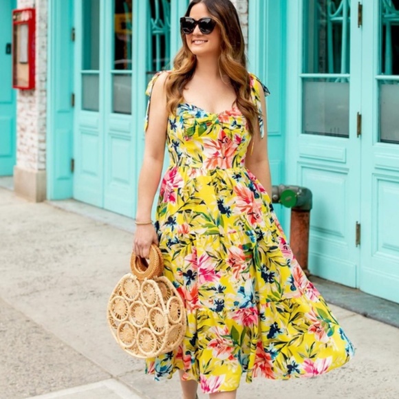 Eliza J Yellow Floral Tiered Midi Dress - Picture 1 of 6